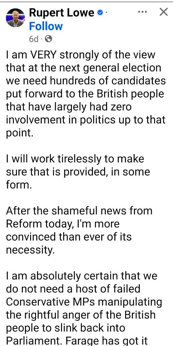 Rupert Lowe proposing that 'hundreds' of patriots stand in the next general election. 

If they do, not a single one will beat the Reform candidate (though they may save a few Labour &amp; Tory seats by splitting off a few votes).

So let's do the maths. To stand a theoretical chance