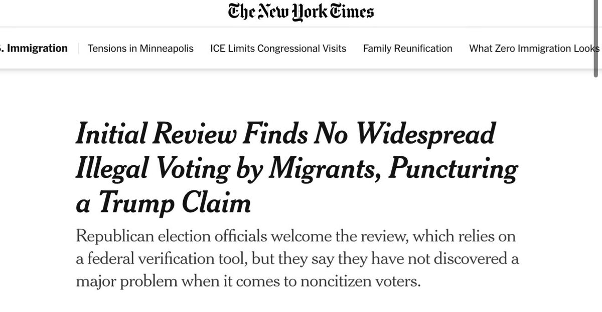 TheMaineWonk's tweet image. The Trump administration has been searching for evidence of voter fraud and illegal immigrant voting. 

So far, their reviews have found nothing. 

No Paywall: archive.is/20260114100719…