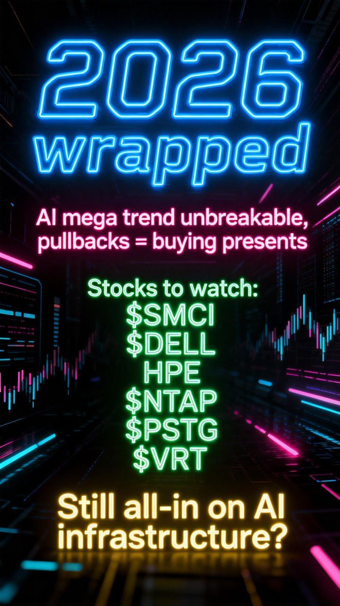 Chanciley's tweet image. 2026 wrapped: AI mega trend unbreakable, pullbacks = buying presents 🎁
Stocks to watch: $SMCI $DELL $HPE $NTAP $PSTG $VRT
Still all-in on AI infrastructure? 🚀 #AI #Datacenter