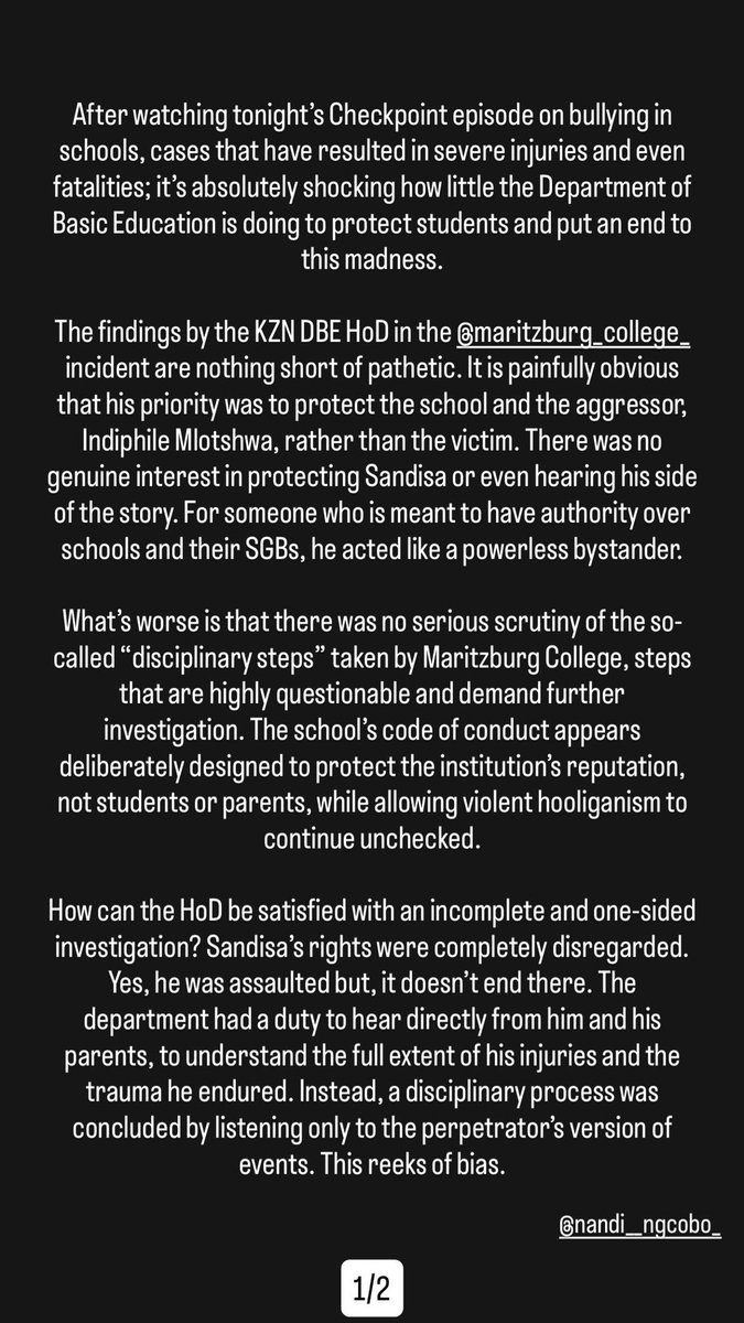 Mbasaa_N's tweet photo. #JusticeForSandisa 
#MaritzburgCollege 
#Checkpoint

@Siviwe_G @DBE_SA @GodPenuel @tumisole @MbuyiseniNdlozi @Radio702 @Anele @FaithMangope @robertmarawa @SAfmRadio @METROFMSA @ecr9495  @RelebogileM @KayaON959 @gagasifm @Newzroom405 @TheRealClementM @dailymaverick @OCJ_RSA https://t.co/5aLYRm8YLQ
