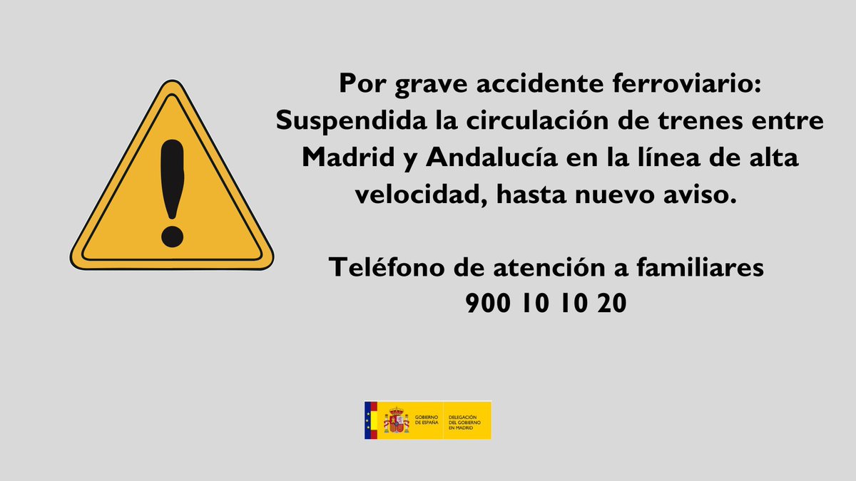Accidente ferroviario #Adamuz #Córdoba 
Habilitado el teléfono de atención a familiares:
📞 900 10 10 20

ℹ️ Información actualizada a través de los canales oficiales de <a href="/Inforenfe/">InfoRenfe</a> y <a href="/InfoAdif/">INFOAdif</a> 
👉 Se recomienda no acudir a estaciones afectadas y consultar el estado del servicio