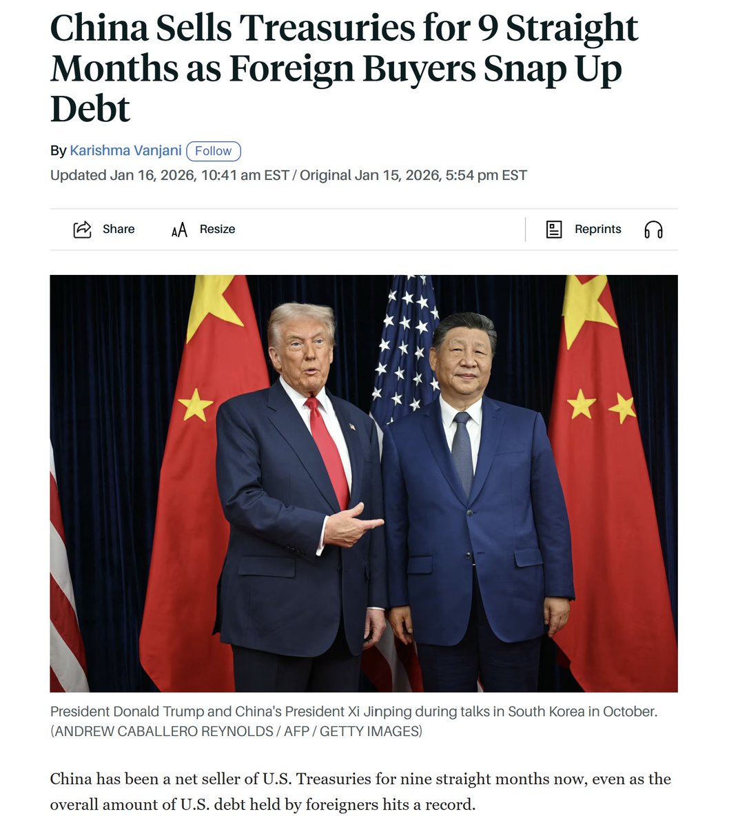 美国之声——钱流回美国国债】2026年1月15日《路透》 美国财政部周四公布的数据显示，11月外国投资者持有的美国国债总额升至约