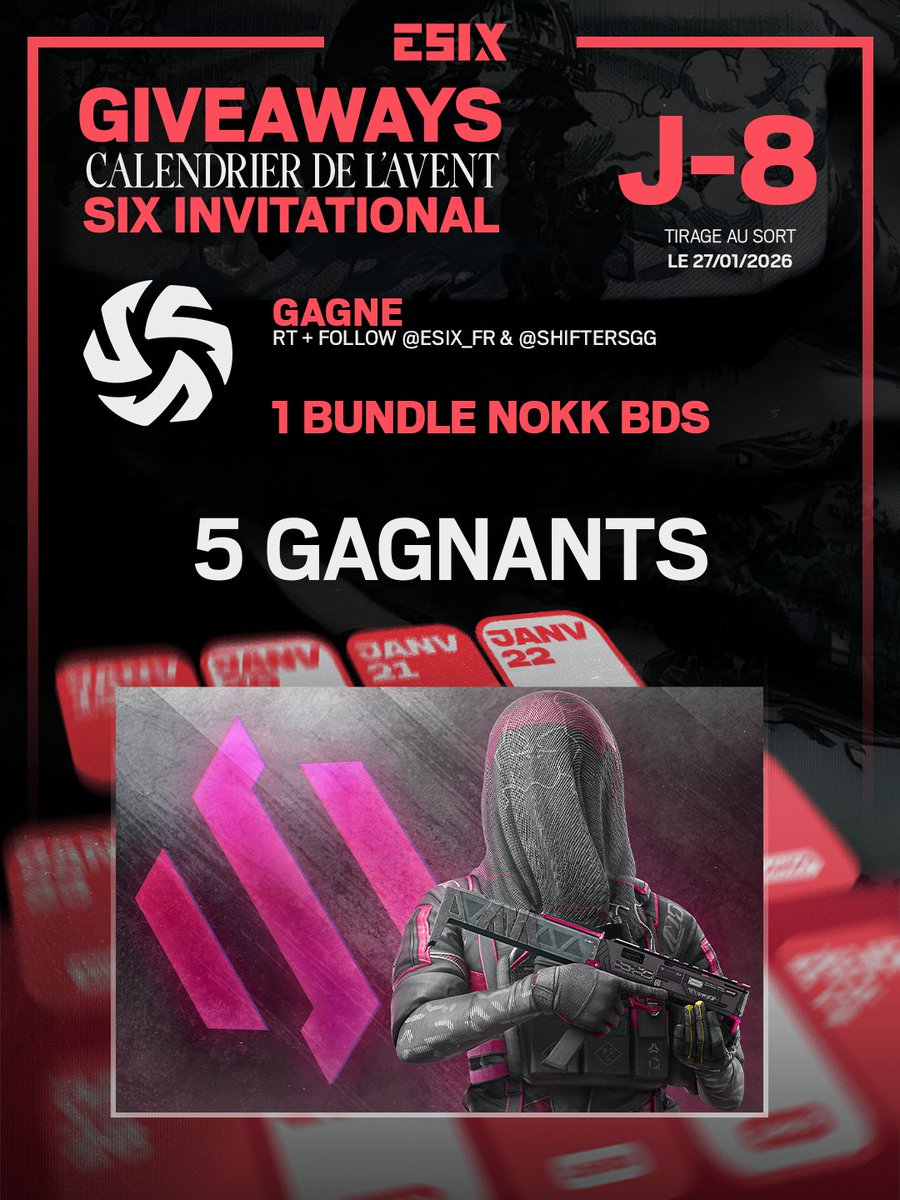 🚨 J-8⃣ 🚨
Votre Nøkk a besoin d'un nouveau skin ? Pas de soucis, on est là ! 😳
Grâce à Shifters, nous vous offrons 5⃣ (cinq) bundle Nøkk BDS‼️ 😱😱

👉 Pour participer
🔁 Repost
✅ Follow <a href="/ShiftersGG/">Shifters</a>  &amp; <a href="/ESIX_FR/">ESIX | FR</a>

🗓️ T.A.S. 27/01/2026 - 22h