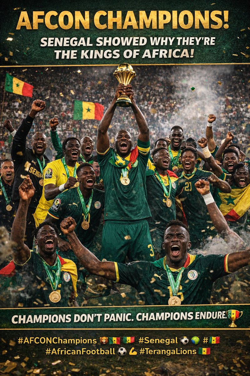 LUCHIGRAMMA's tweet image. The miss changed everything. Senegal stood firm, absorbed the chaos, and reminded Africa that real champions don’t need favors — they rely on character, discipline, and belief.

This is not just a win.
This is the mindset of champions.
This is Senegal. 🦁🇸🇳

#AFCONChampions