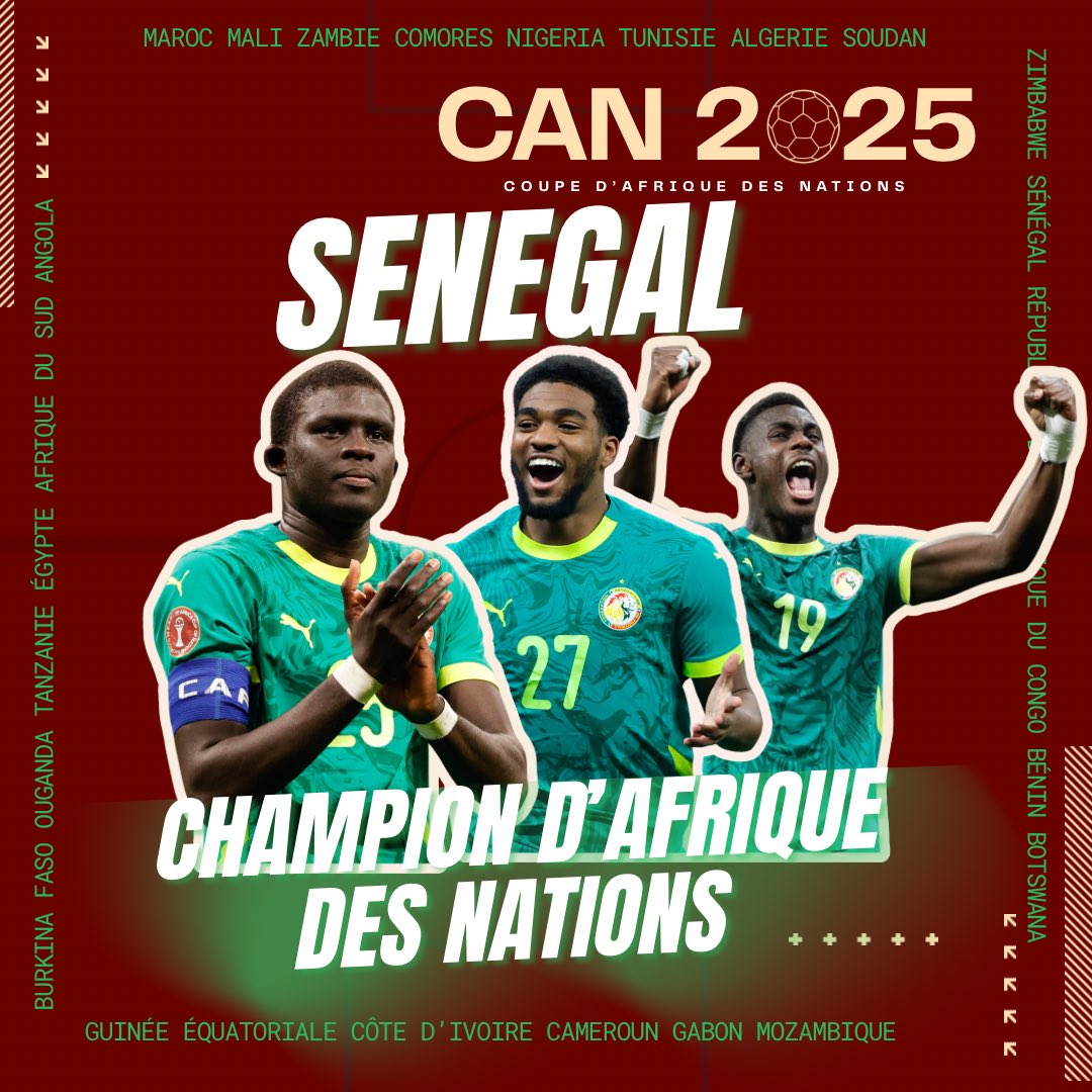 🏆🇸🇳 Félicitations aux lions de la Teranga pour cette nouvelle page écrite dans l’histoire de la Coupe d’Afrique des Nations.

La France salue la performance et le parcours exceptionnel des deux finalistes, qui font rayonner le football africain sur la scène internationale.