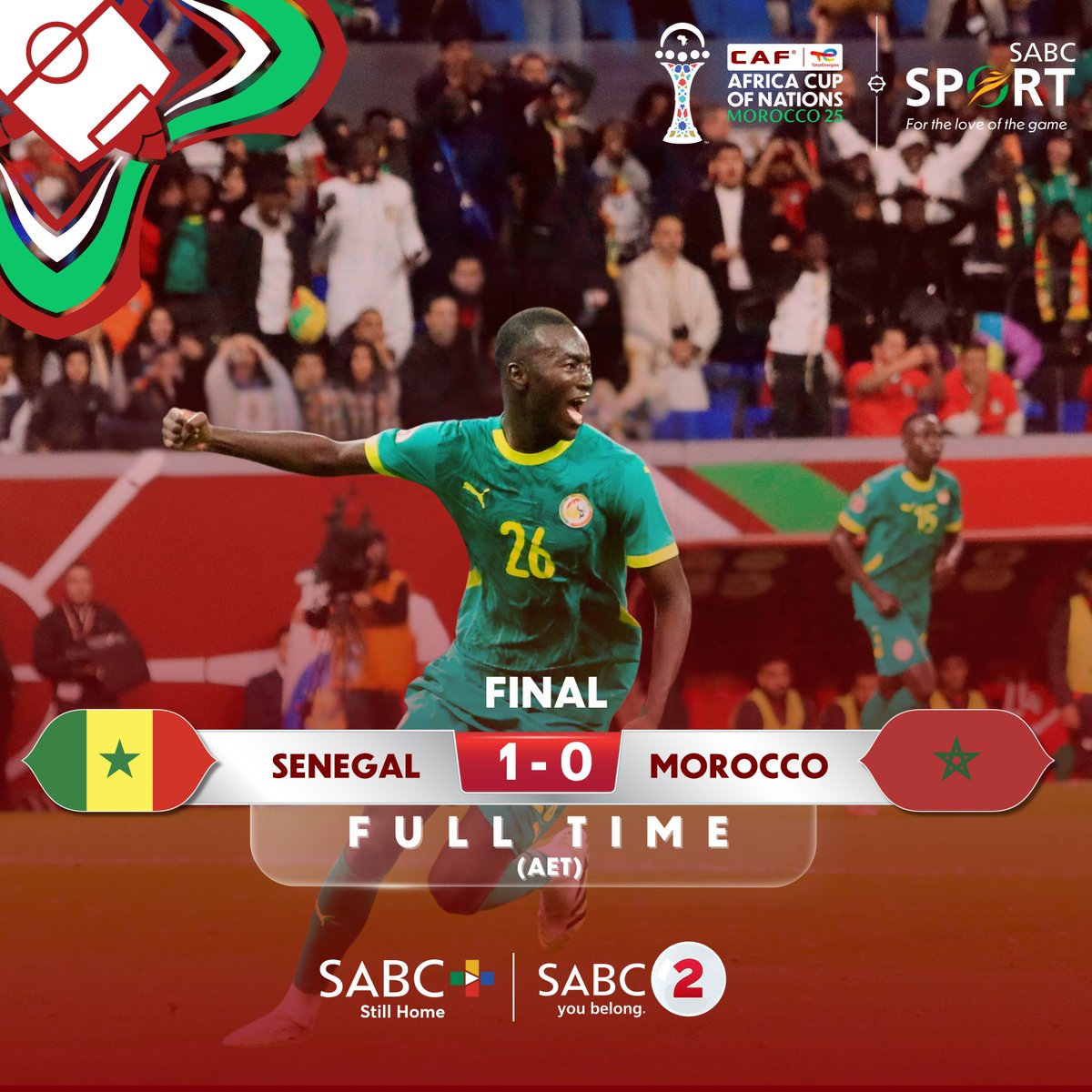 SABC_Sport's tweet image. 🚨 𝔽𝕌𝕃𝕃 𝕋𝕀𝕄𝔼 🚨

Senegal 🇸🇳 win their second AFCON crown in their fourth final, as Morocco's 🇲🇦 50-year wait for a second title continues.

#SABCSportFootball #TotalEnergiesAFCON2025 #ItsGameOnEverywhere