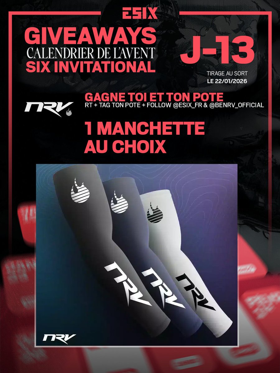 🚨 J-1⃣3⃣ 🚨
Tu rêves de fouler la scène d'un Six Invitational ? 
Pour avoir le stuff à la hauteur de tes ambitions, quoi de mieux que d'avoir la meilleure manchette du marché 🤩⁉️ 
Grâce à NRV nous vous offrons 2⃣ manchettes au choix sur leur boutique 😏
1⃣ pour toi et 1⃣ pour