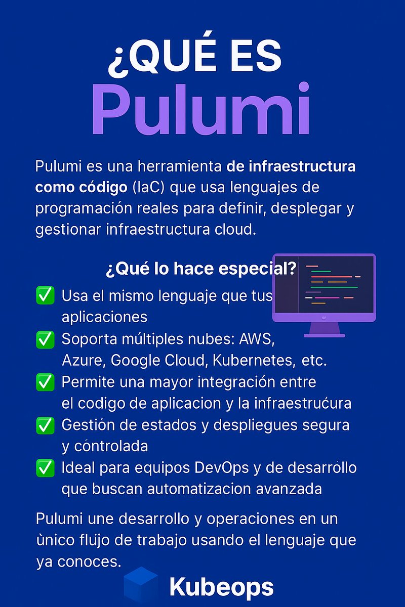 Kubeops_dev's tweet image. ¿Sabías que puedes gestionar tu infraestructura cloud con el mismo lenguaje que usas para tus aplicaciones? 🔥¡Descubre Pulumi! La herramienta IaC que revoluciona DevOps:📷📷 Soporte multi-cloud: AWS, Azure, GCP, Kubernetes y más
 Mayor integración entre app e infra
📷…