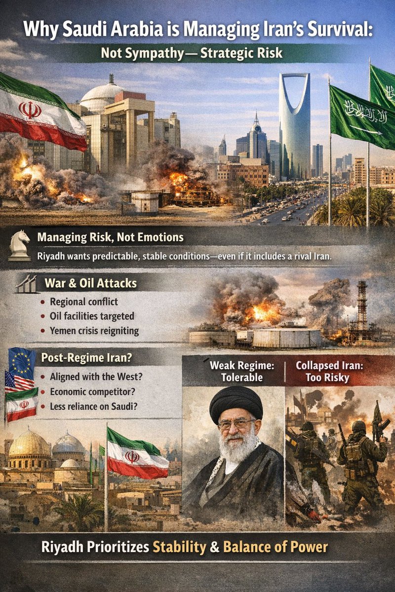 “Saudi Arabia isn’t protecting Iran out of sympathy—it’s managing risk. War, oil attacks, Yemen reigniting, and a post-regime Iran aligned with the West would make Riyadh less relevant. A weak regime is tolerable; a collapsed one is not.”