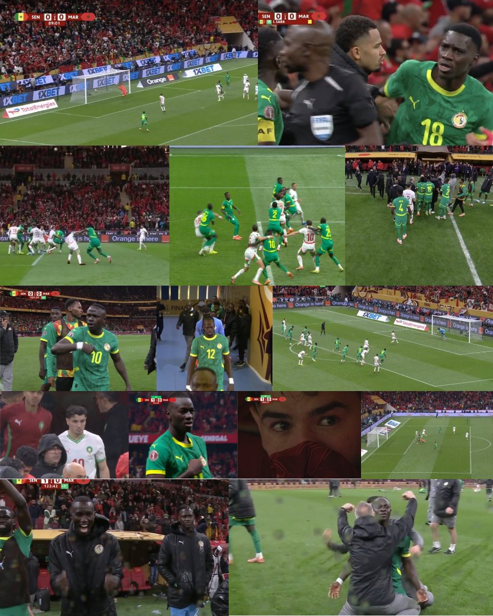 Simplesmente a FINAL da AFCON

• DEFESAÇA do Bono aos 90 minutos de jogo 

• Gol de Senegal anulado aos 90+4 por conta de uma falta questionável

• Pênalti marcado aos 90+7 pra Marrocos em um falta questionável 

• Time de Senegal SAI DE CAMPO 

• Mané bate o pé e fala pros
