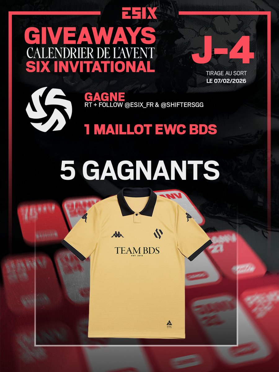 🚨 J-4⃣ 🚨
Alors là, si c'est pas du giveaway exclusif ! 😳
Grâce à Shifters, nous vous offrons 5⃣ (cinq) maillots EWC BDS 2025‼️ 😱😱

👉 Pour participer
🔁 Repost
✅ Follow <a href="/ShiftersGG/">Shifters</a> &amp; <a href="/ESIX_FR/">ESIX | FR</a>

🗓️ T.A.S. 07/02/2026 - 22h