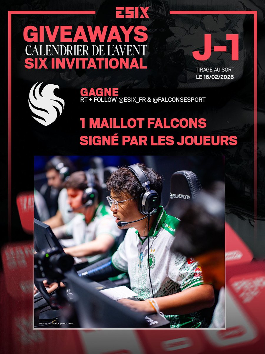 ESIX_FR's tweet image. 🚨 J-1⃣ 🚨
Le Six Invitational c'est déjà demain ‼️
Pour fêter ça, avec Falcons nous vous offrons en EXCLUSIVITÉ un maillot signé par les joueurs 😱😱

👉 Pour participer
🔁 Repost
✅ Follow @FalconsEsport &amp;amp; @ESIX_FR

🗓️ T.A.S. 16/02/2026 - 22h