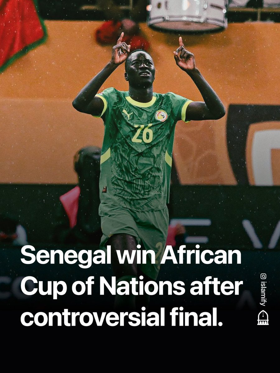 Alhamdhulillaah's tweet photo. 🇸🇳 Senegal win the African Cup of Nations after a final which saw Morocco awarded a controversial penalty in the 98th minute of added time during normal game play.

Brahim Diaz missed the penalty, which meant the game went into extra time. Pape Gueye scored in first half of extra time, clinching the winning goal for Senegal.