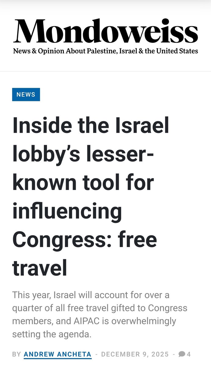encoresalad's tweet image. AIPAC funds more free trips for Congressmen than any other foreign lobbyist by far, and they do it through the "AIPAC loophole."

Organizations that lobby on behalf of a foreign country aren't allowed to privately sponsor travel for politicians per a 2007 law. However, AIPAC…