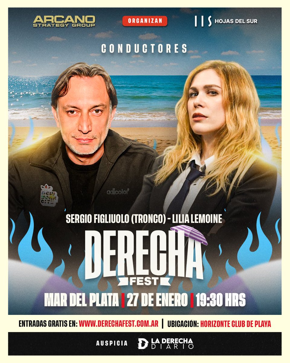 Derecha Fest en Mar del Plata! 🌊

Conductores:
- <a href="/tronco/">𝙏𝙧𝙤𝙣𝙘𝙤</a>: Honestidad brutal sin filtros.
- <a href="/lilialemoine/">Lilia Lemoine 🍋</a>: La voz del león en el Congreso.

TRAE TU BANDERA!

📅 27/1 | 19:30 hs

🎟 Entrada GRATIS: derechafest.com.ar 

Org: <a href="/ArcanoASG/">Arcano Strategy Group</a> <a href="/hojasdelsur/">Hojas del Sur</a>
Auspicia:<a href="/laderechadiario/">La Derecha Diario</a>