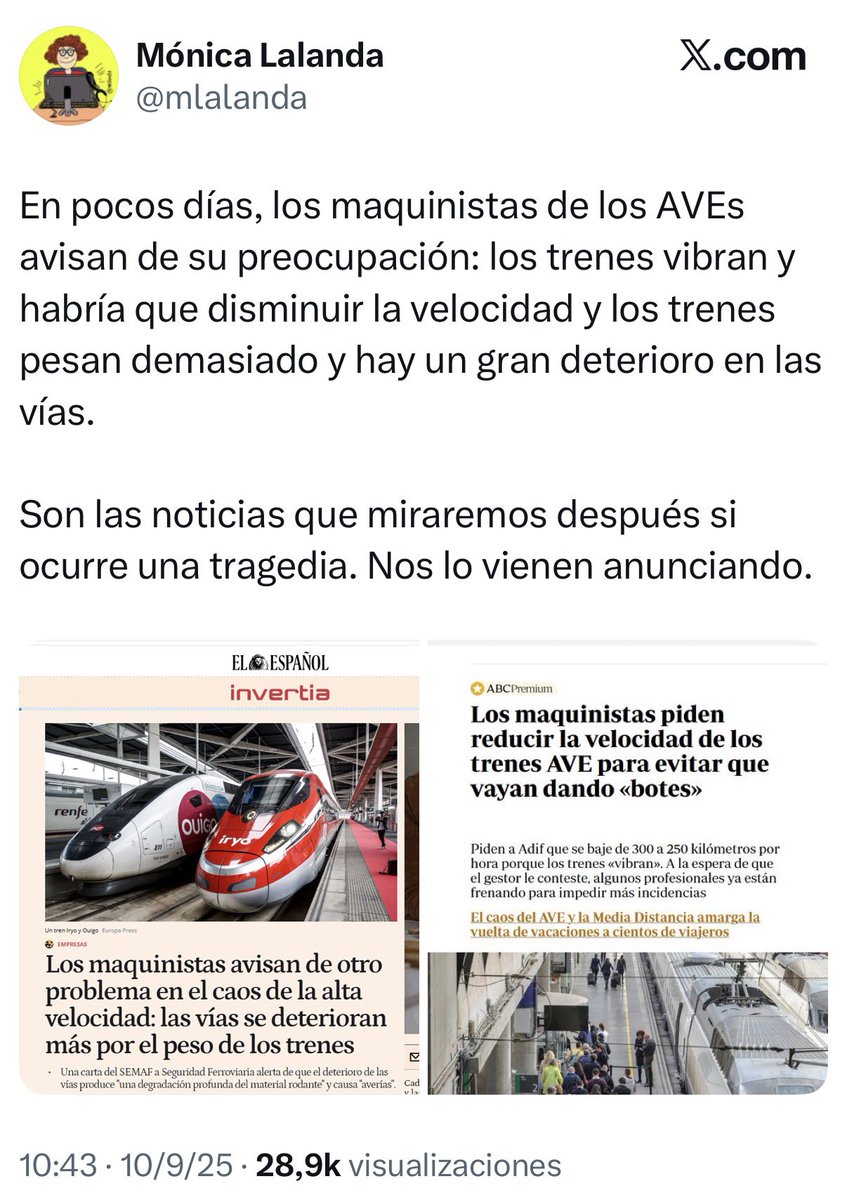 CocoExiliado's tweet image. De septiembre y octubre. Lo de Adamuz no es mala suerte, se podría haber evitado. Estaban todos avisados. 

Que no nos traten de imbéciles, los culpables tienen nombre y apellidos.