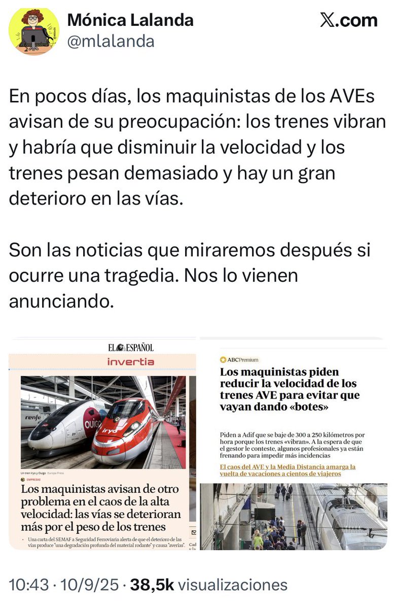 furnuella's tweet image. Esto no ha sido un accidente, ha sido una negligencia por la falta de manteniendo del sistema ferroviario, al igual que el de las carreteras de este país. Ya se llevaba tiempo avisando. 
Hasta que el @psoe no acabe con España no va a parar #adamuz #oscarpuentedimision