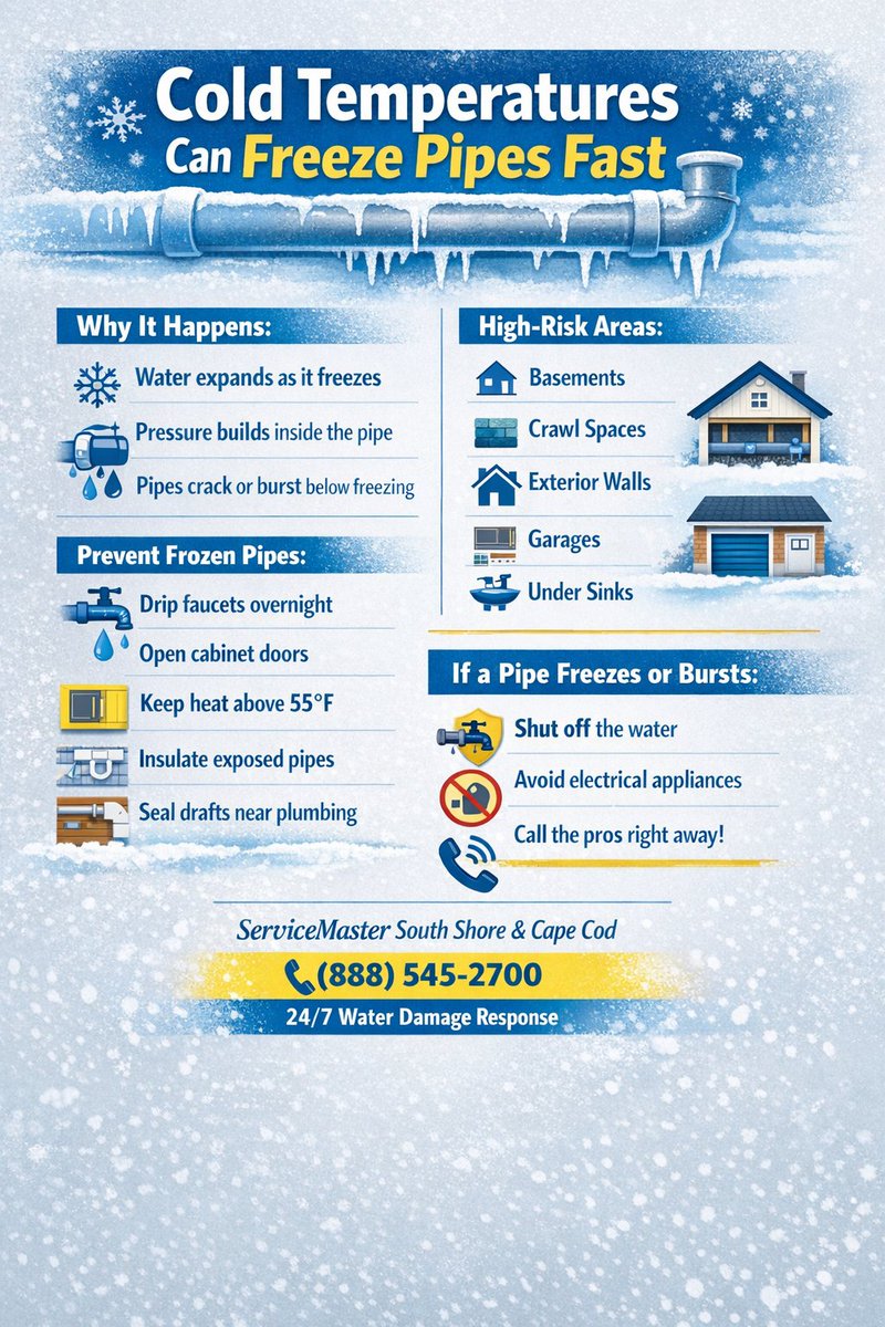SMSoShore's tweet photo. ❄️ Cold Weekend Ahead — Protect Your Pipes ❄️

With temperatures dropping this weekend, homes across the South Shore &amp; Cape Cod are at risk for frozen and burst pipes — one of the most common causes of winter water damage.

Quick prevention tips:
• Let faucets drip... https://t.co/zSsLCcFT7I