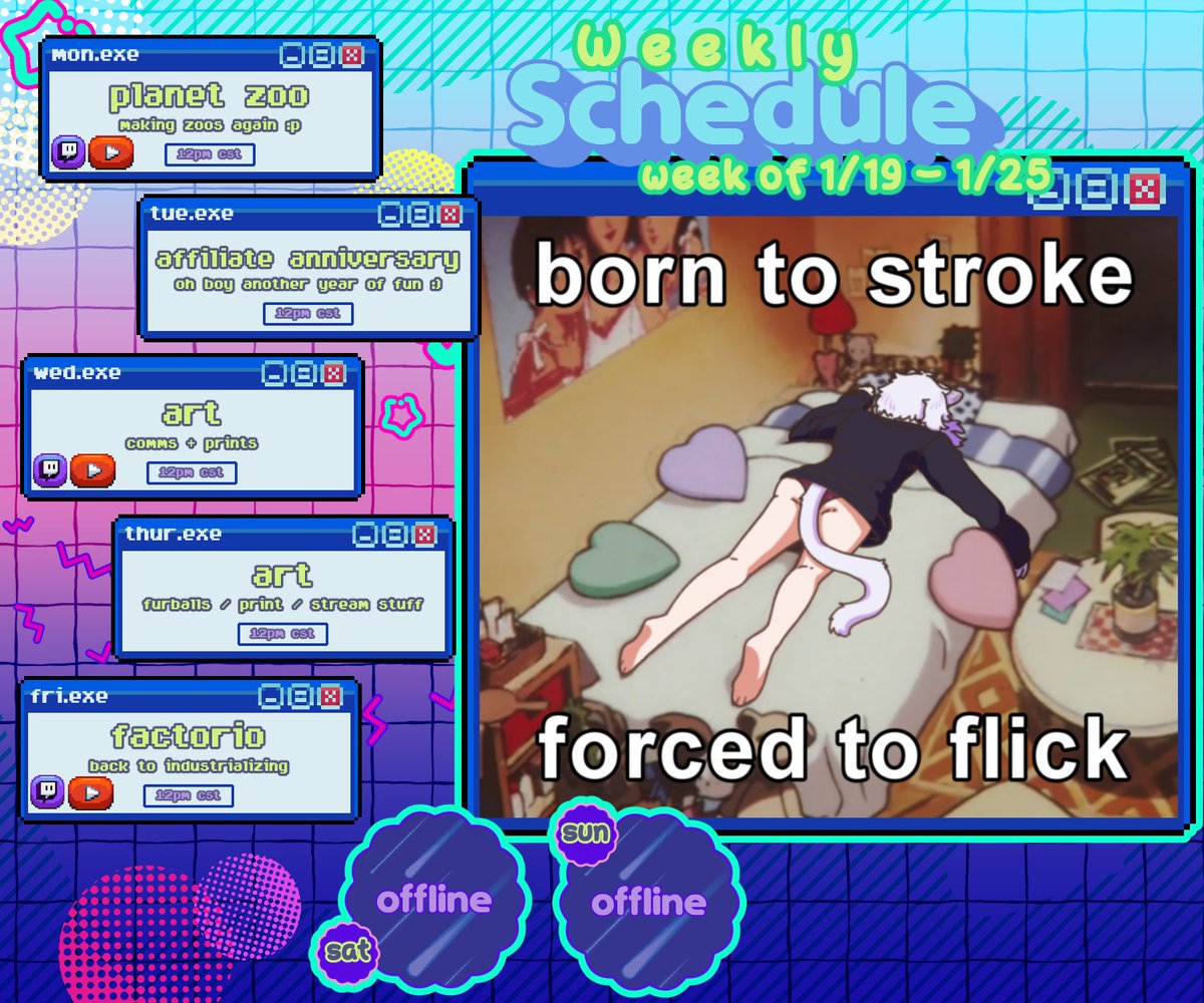 [Stream Schedule] Jan 19 - Jan 25

──✩₊⁺⋆☾⋆⁺₊✧──

It's my affiliate anniversary this week! It kinda snuck up on me so we'll just be chilling and maybe jamming out - then we have more art to work on as I try to get through my to-do list (ᵕ—ᴗ—)