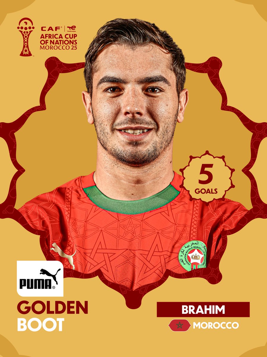 CAF_Online's tweet image. Brahim Díaz.
The @PUMA Top Scorer with 5 goals. 🌟🇲🇦

#TotalEnergiesAFCON2025 | @pumafootball