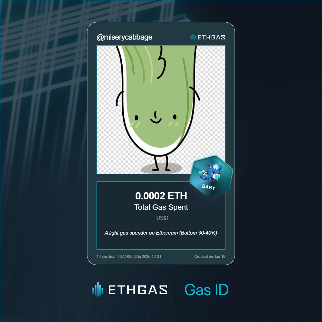 miserycabbage's tweet image. Just unlocked my Gas ID via ETHGas 🪪

I'm a Baby Jack with 0.0002 ETH spent on gas since Beacon Chain - now fueling my climb to the Gasless Future and earned 1 Beans already. 

Reveal yours at ethgas.com/community/gas-…