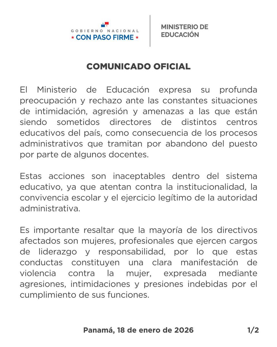 MeducaPma's tweet photo. El Ministerio de Educación rechaza toda forma de intimidación, agresión o amenaza contra directores de centros educativos, acciones inaceptables que atentan contra la institucionalidad y la convivencia escolar.

#SomosMeduca
#ConPasoFirme https://t.co/j0Aq9bGglD