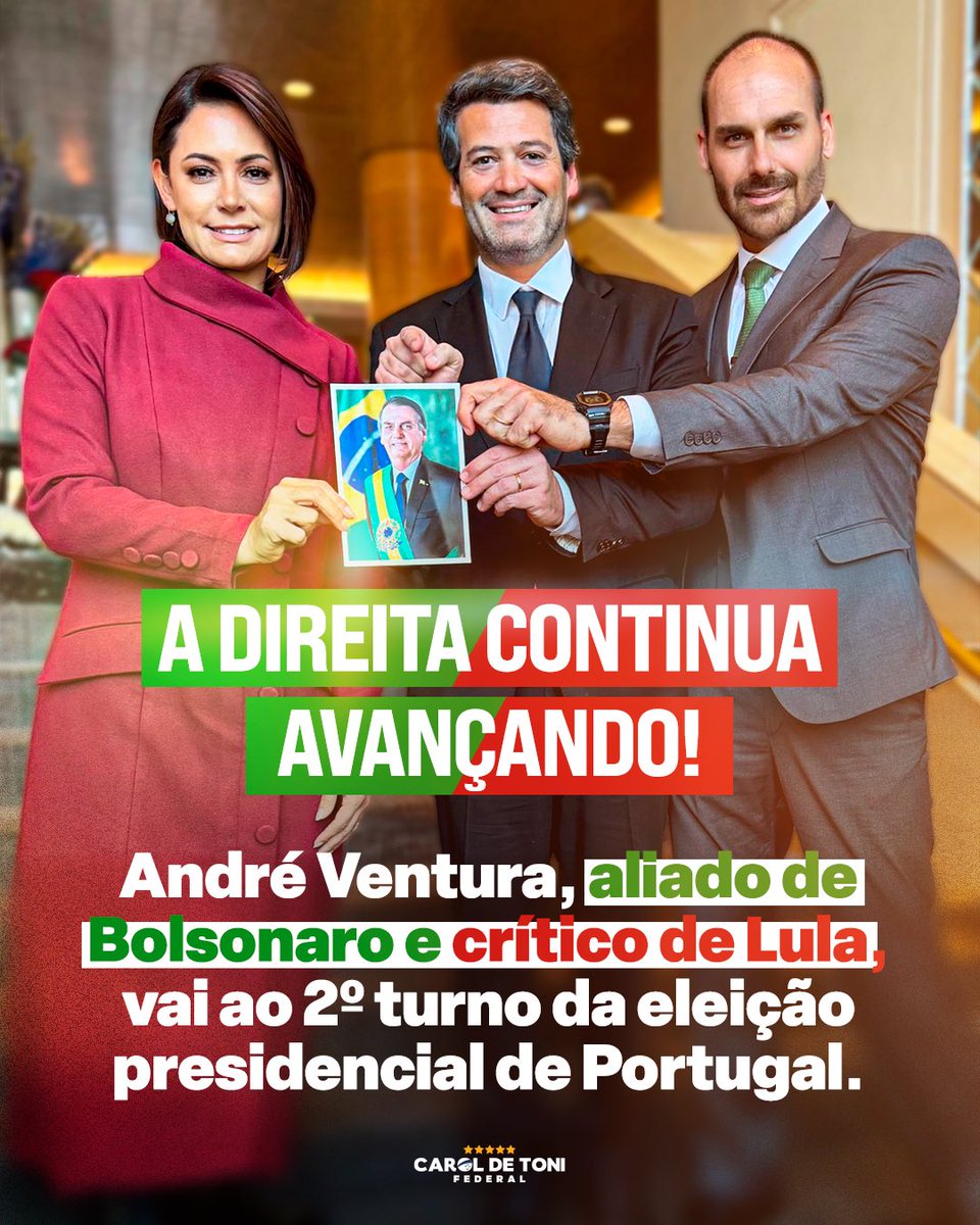Hora de varrer o socialismo!

André Ventura avançou ao segundo turno das eleições em Portugal e disputará a decisão contra o socialista António José Seguro.

O Chega, partido liderado por André Ventura, cresce eleição após eleição e se consolida como a principal força de oposição