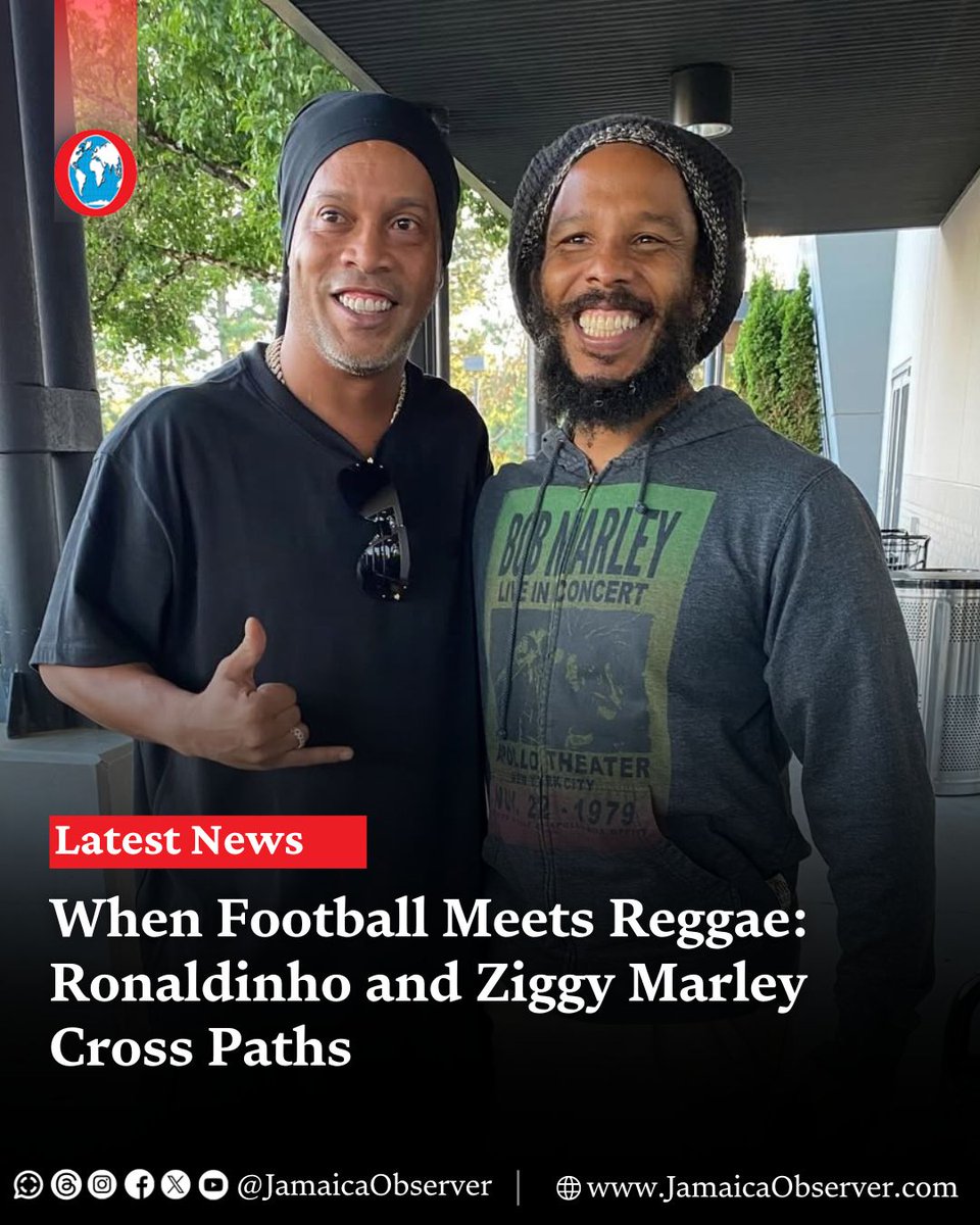 JamaicaObserver's tweet image. SPOTTED: Reggae royalty Ziggy Marley and Brazilian football legend Ronaldinho were photographed together after a chance meeting, bringing together two internationally celebrated figures from music and sport.

The moment was shared by Marley on his Instagram account over the…