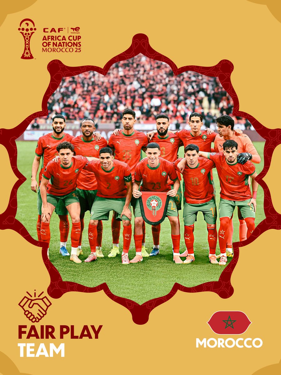 CAF_Online's tweet image. Morocco win the Fair Play Team of the #TotalEnergiesAFCON2025. 🇲🇦