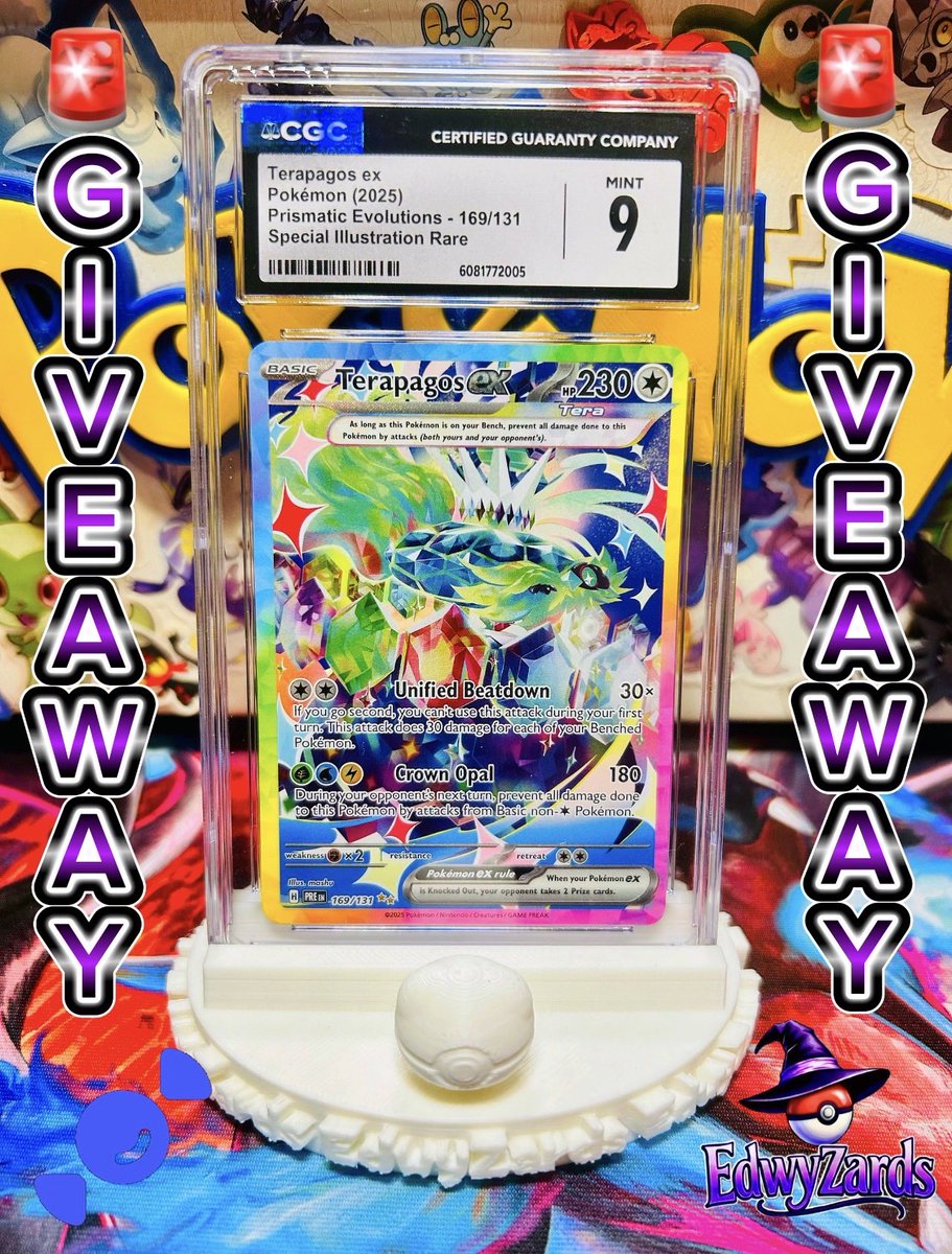 Edwyzards's tweet photo. 🚨POKEMON GIVEAWAY!🚨

Prismatic Evolutions
Special Illustration Rare
CGC 9 TERAPAGOS EX!

We are teaming up with Rare Candy to bring you our BEST giveaway yet!

To enter:
✅Follow @Edwyzards & @RareCandy 
✅RT this post

BONUS:
10 EXTRA ENTRIES FOR THE MOST CARDS SCANNED AND ADDED TO COLLECTION ON THE RARE CANDY APP!
Just screenshot your profile BEFORE scans and then a screenshot AFTER you scan a bunch and comment both pics! Whoever has the largest difference gets 10 BONUS ENTRIES!

ENDS ON JANUARY 31ST
WINNER drawn on February 2nd!

U.S.only