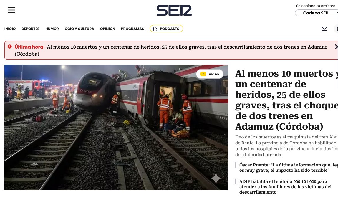Estoy flipando.

<a href="/La_SER/">Cadena SER</a> (¡La SER!) tiene como foto de portada UNA FOTO INVENTADA HECHA CON IA!!! 

Absolutamente falsa, inventada, no cierta, ni los trenes han quedado así ni hay tantas vías, nada.

¡Y sin avisar de que es IA! Gracias de la marca de agua de Gemini...