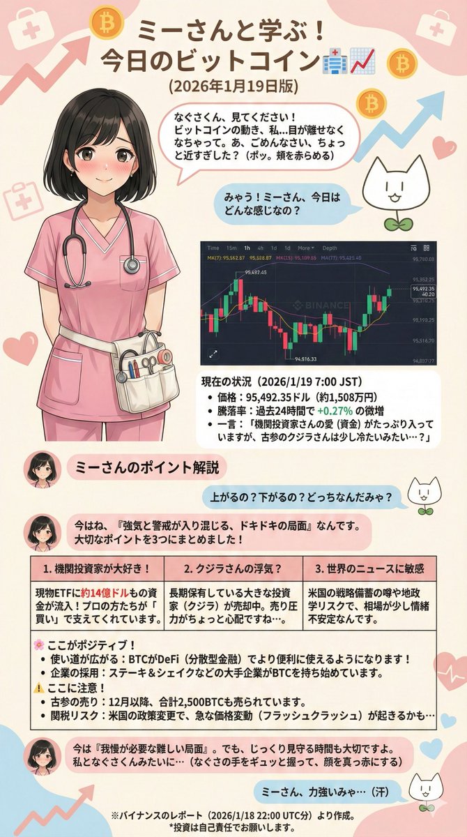 ビットコインの概況をGeminiに作ってもらいました。 今日の解説担当はミーさんです。 グリーンランドに関わるトランプ関税砲はビットコインはあまり反応してないように見えます。  この後、日本株が先導するんですかねぇ…。 #btc #ビットコイン #なぐさ #ミー ↓