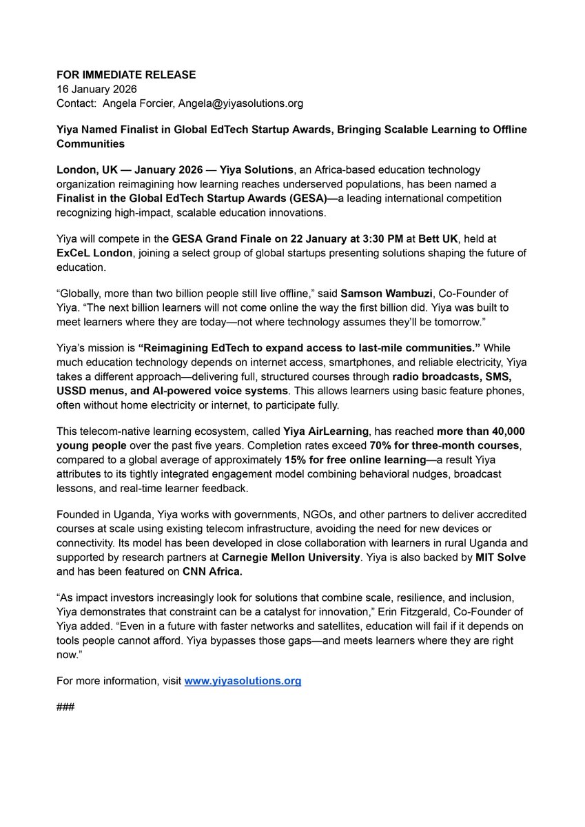 🎉 Yiya is a GESA finalist and will present at Bett UK 2026.
This recognition highlights the growing importance of inclusive learning that reaches learners who are offline or underserved — without relying on smartphones or internet.
🔗 yiyasolutions.org/post/yiya-sele…

#GESA #BettUK