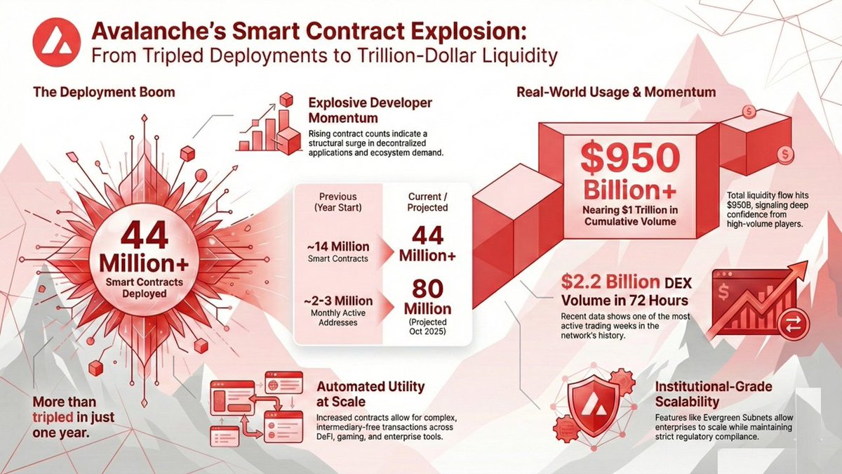 Ubaid_Cryptic's tweet image. The #Avalanche ecosystem has undergone a massive structural shift.🔺

Smart contract deployments have tripled in just one year, surpassing 44 million, this shows significant developer activity.