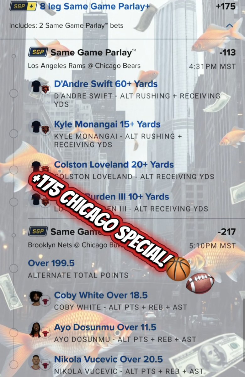 It'll rain money...and fish🎣 in Chicago tonight! NFL and NBA MIX ⚔️
Chicago Bears 
Chicago Bulls 
Cash us out Chi Town 💲🔥
+175
account.sportsbook.fanduel.com/sportsbook/add…