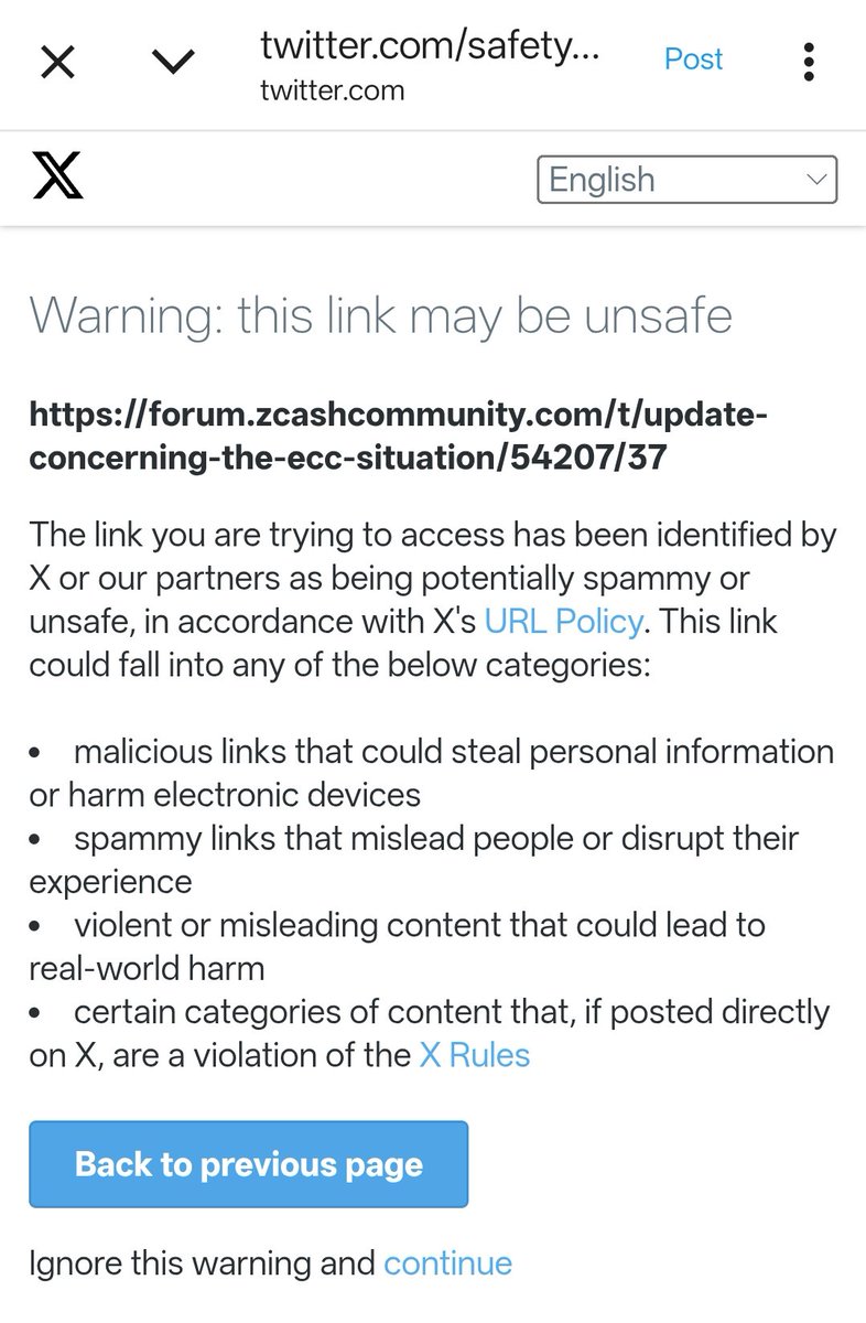 So it looks like X is flagging links to our Zcash Community forum as  
