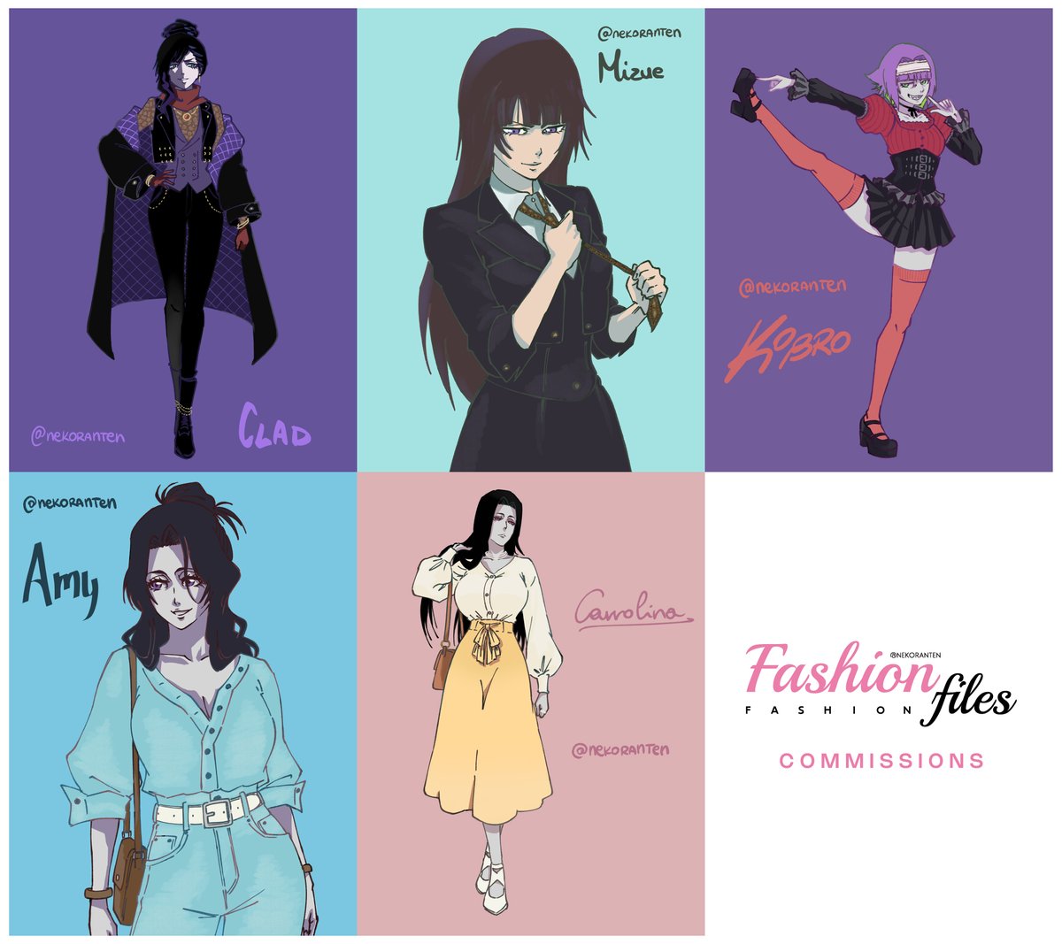 5 fashion commissions. Thank You for the trust 🩵🐱

OC Owners:
Megumi: <a href="/JaffaArchfiend/">JaffaArchfiend</a> 
Mizue: <a href="/aiconoclasta/">iconoclast 五 🦋🪽</a> 
Kobro: <a href="/Lewy601/">Lewy60</a> 
Amy: <a href="/thearchivistart/">the archivist</a> 
Carrolina <a href="/StarrkLina/">Liz</a>