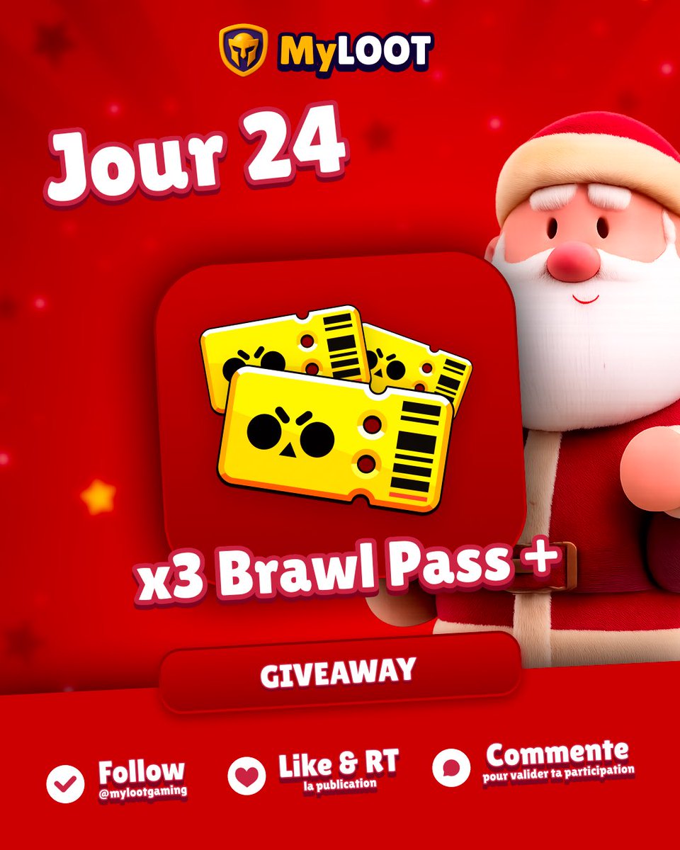 🎅🎁 JOUR 24 : CALENDRIER DE L’APRÈS

On clôture le Calendrier avec 3 Brawl Pass + à remporter 🥺💎

Conditions de participation :
👥 Follow <a href="/mylootgaming/">MyLOOT</a>
❤️ Like le tweet
🔁 Retweet

✅💬 Commente pour valider ta participation

#Concours #Giveaway