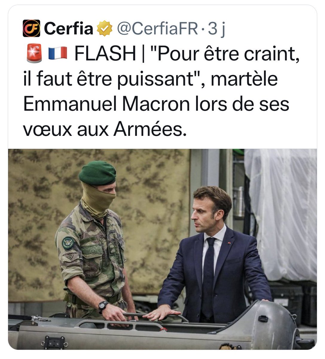 L’homme, actuellement, le plus moqué au monde, considère que « pour être craint il faut être puissant » juste après avoir envoyé 15 soldats au Groenland pour affronter les USA.
Les dirigeants mondiaux ont mal aux côtes à force de rire…
A suivre…