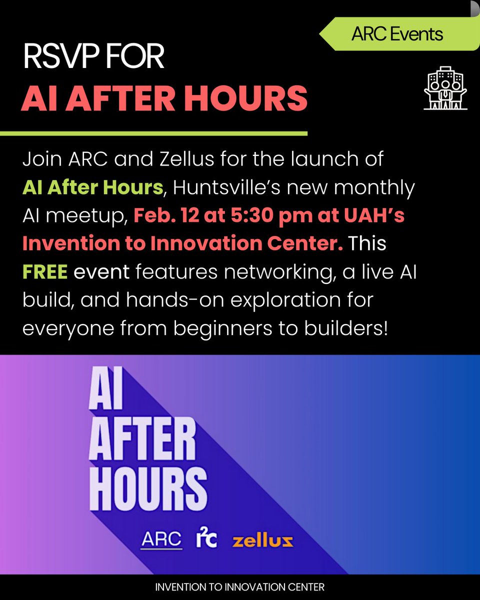 AI After Hours is ARC’s new community hub for innovators, builders, and the simply curious, bringing Huntsville together for hands-on AI exploration on 2/12!

RSVP ➡️ arc-hsv.org/events