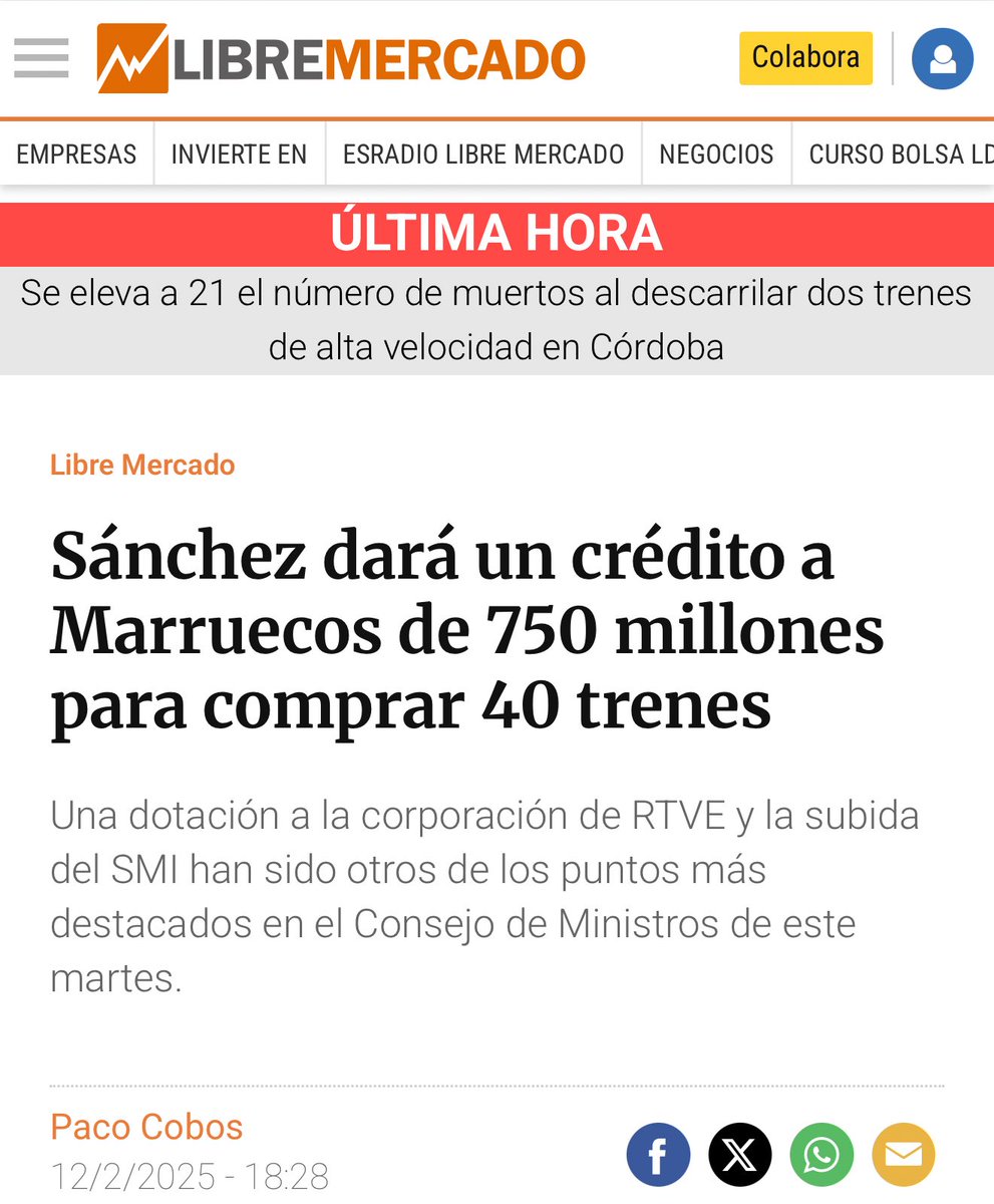Este Gobierno pone en peligro nuestras vidas mientras utiliza nuestro dinero para sufragar el metro de El Cairo o financiar a Marruecos para que compre los trenes que nos niega a los españoles. Son una banda criminal.

España necesita un Gobierno que sirva a la nación española.