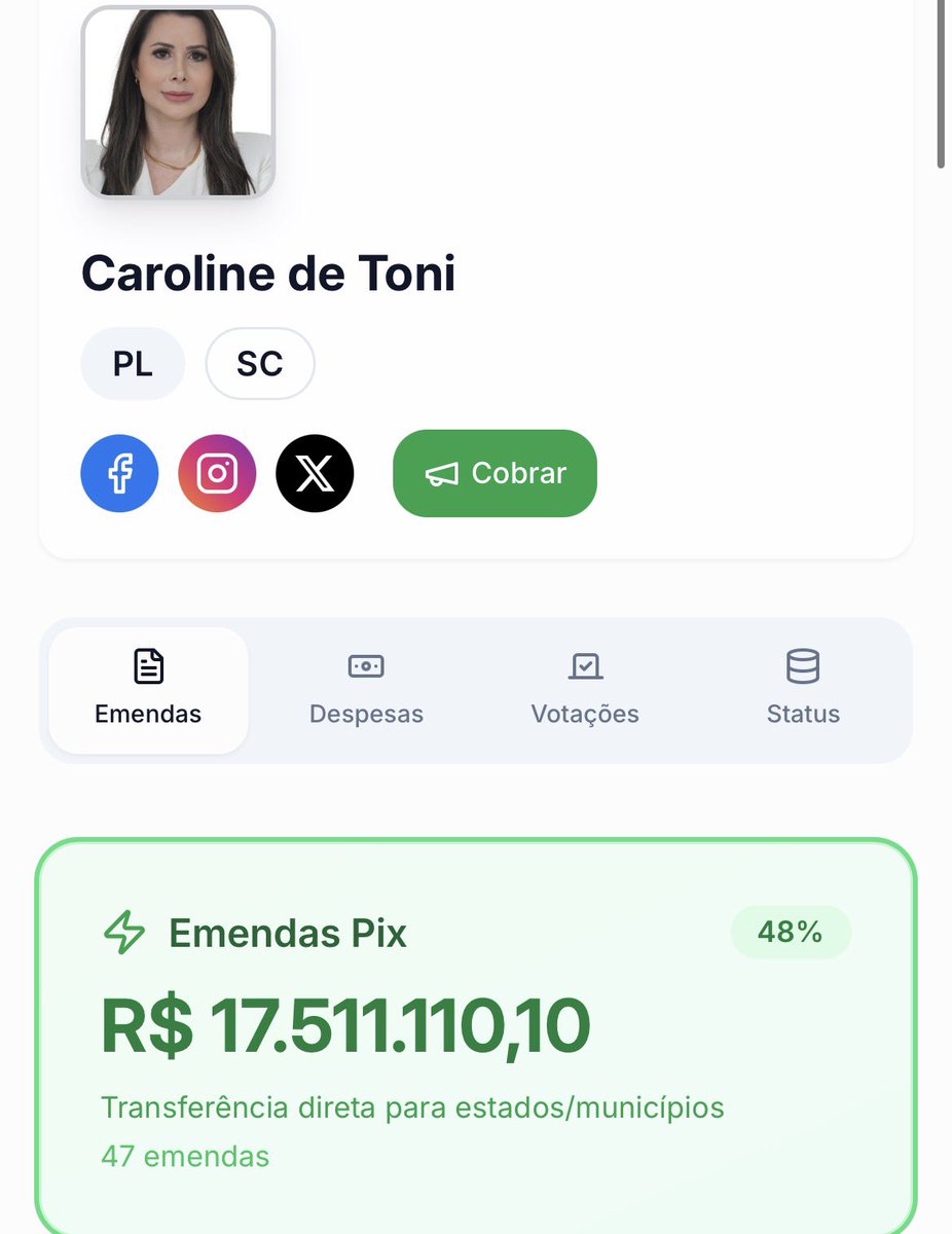 🚨URGENTE: Em 2025, a Deputada Federal <a href="/CarolDeToni/">Carol De Toni</a> (PL-SC), a irresponsável que inventou uma MENTIRA VIRAL sobre o Presidente Lula (PT), GASTOU (leia-se: empenhou) R$ 17,5 MILHÕES de DINHEIRO PÚBLICO, via EMENDAS PIX SECRETAS, informa o website <a href="/deolhoemvoce05/">De olho em você - Amamos política e dados.</a>!