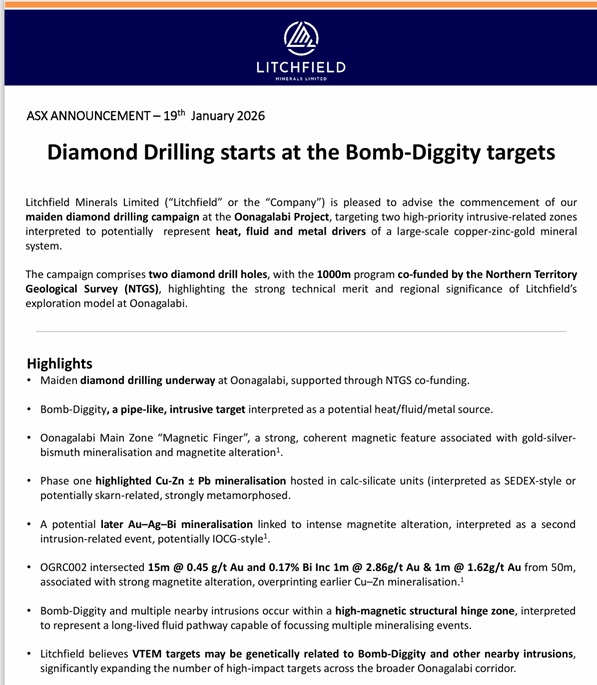 Litchfield_LMS's tweet image. 🚀 Diamond drilling underway at Oonagalabi
📌api.investi.com.au/api/announceme…

Litchfield Minerals has commenced its maiden diamond drilling at the Bomb-Diggity and Magnetic Finger targets, testing intrusive “engine rooms” of a large-scale Cu-Zn-Au system.

🛠️ 1,000m program co-funded by…