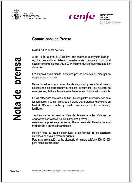 Renfe's tweet image. ℹ️ Comunicado de Renfe sobre el accidente ferroviario de Adamuz.