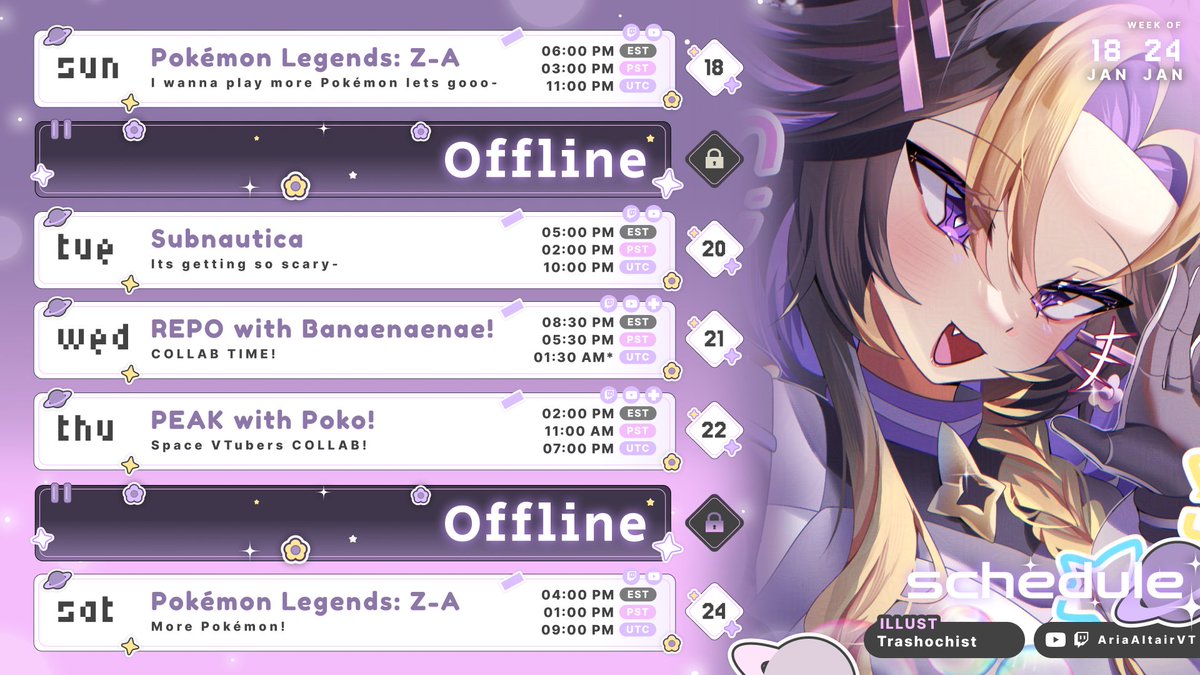 ★ Schedule for JAN 18 - JAN 24 ★

Not one, but TWO COLLABS with <a href="/BakaPokoo/">Poko Bun 🐇🛸</a> and <a href="/Ariaxia08/">TheUltimateBanana</a> !! 

I am so excited 💕✨️

╭── ✦ ⁺.
★ Art: #AriaAltairART
★ Clips: #AriaAltairCLIPS 
★ Live: #AriaAltairONLINE
 🔴 youtube.com/@ariaaltairvt
🟣 twitch.tv/ariaaltairvt
╰── ✦