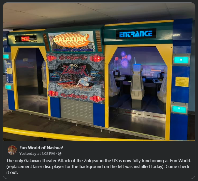 If you want to find an arcade experience that's borderline theme park ride, visit Fun World in Nashua, NH. This is the only working Attack of the Zolgear in the US.