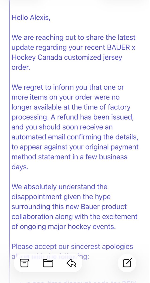 Shame on you <a href="/BauerHockey/">BAUER Hockey</a> <a href="/HockeyCanada/">Hockey Canada</a>. I’ve patiently waited for over 2 months for my purchased Olympic hockey jersey and now it’s not available?!?! We emailed and phoned 8+ times and were told you were working on our order. As a loyal <a href="/BauerHockey/">BAUER Hockey</a> gear customer and