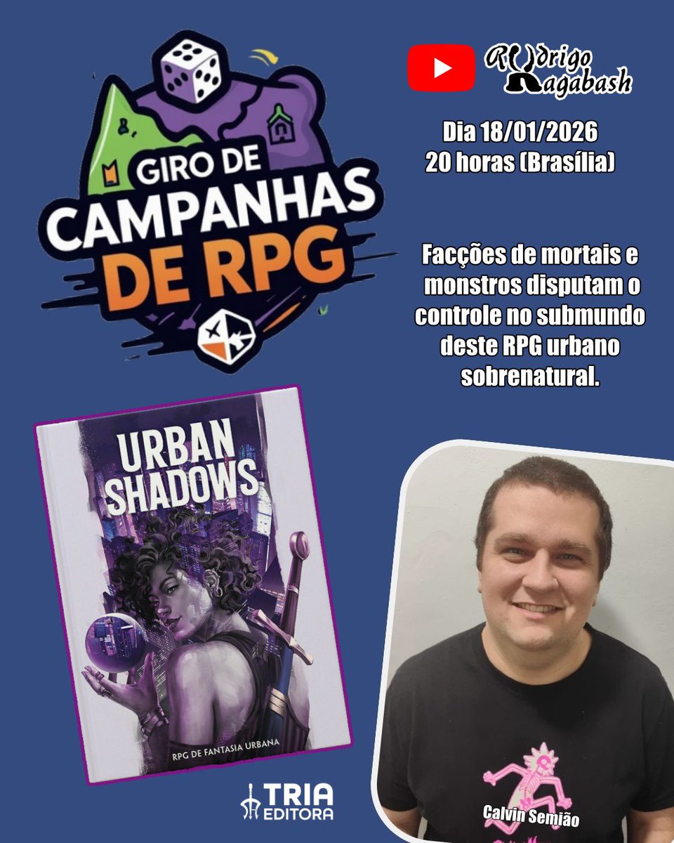 Galera! Hoje no Giro de Campanhas de RPG, eu e o Calvin Semião vamos bater um papo sobre Urban Shadows, pela Tria Editora! 🚀✨

Vem conferir as novidades desse universo de fantasia urbana e intriga política: 📺 Assista aqui: youtube.com/live/Foc1cVcbX…

#RPG #UrbanShadows #PbtA
