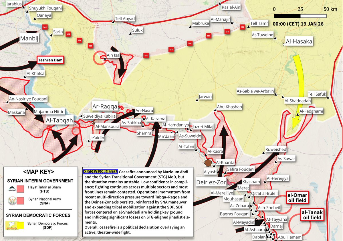 karimfranceschi's tweet image. #Syria Updated Map 19/01/26 (00:00): 

Ceasefire declared by #SDF's Mazloum Abdi &amp;amp; Syrian Transitional Gov't MoD. Yet fighting persists across sectors.

Jihadist forces momentum continues toward all axes, backed by tribal mobilization vs SDF. 
Front lines remain contested.