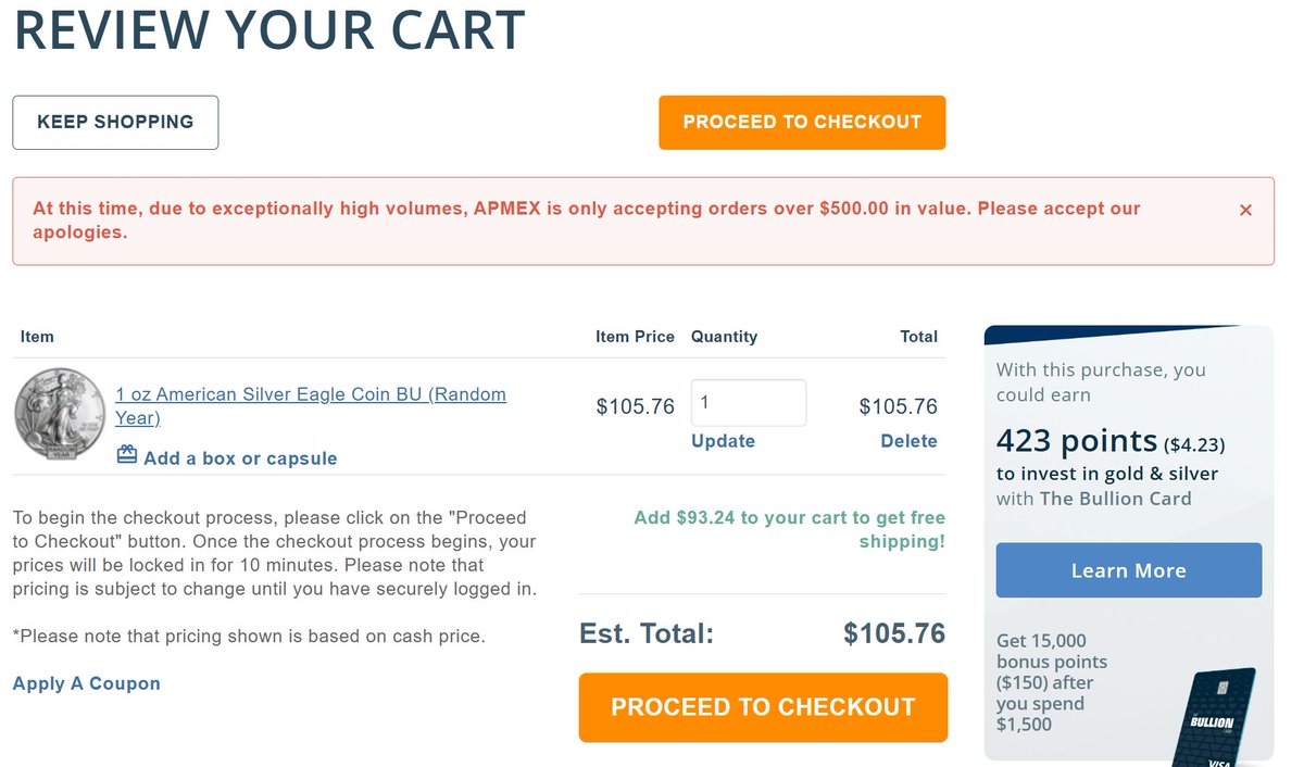 IntlStacker's tweet image. BREAKING: APMEX Limits buying to $500 or more! This is shocking especially with the $10,000 or more confusion the other day! Try it for yourself, put less than $500 in the cart and WOW!!!! SILVER IS ON A RAMPAGE!! BUCKLE UP!